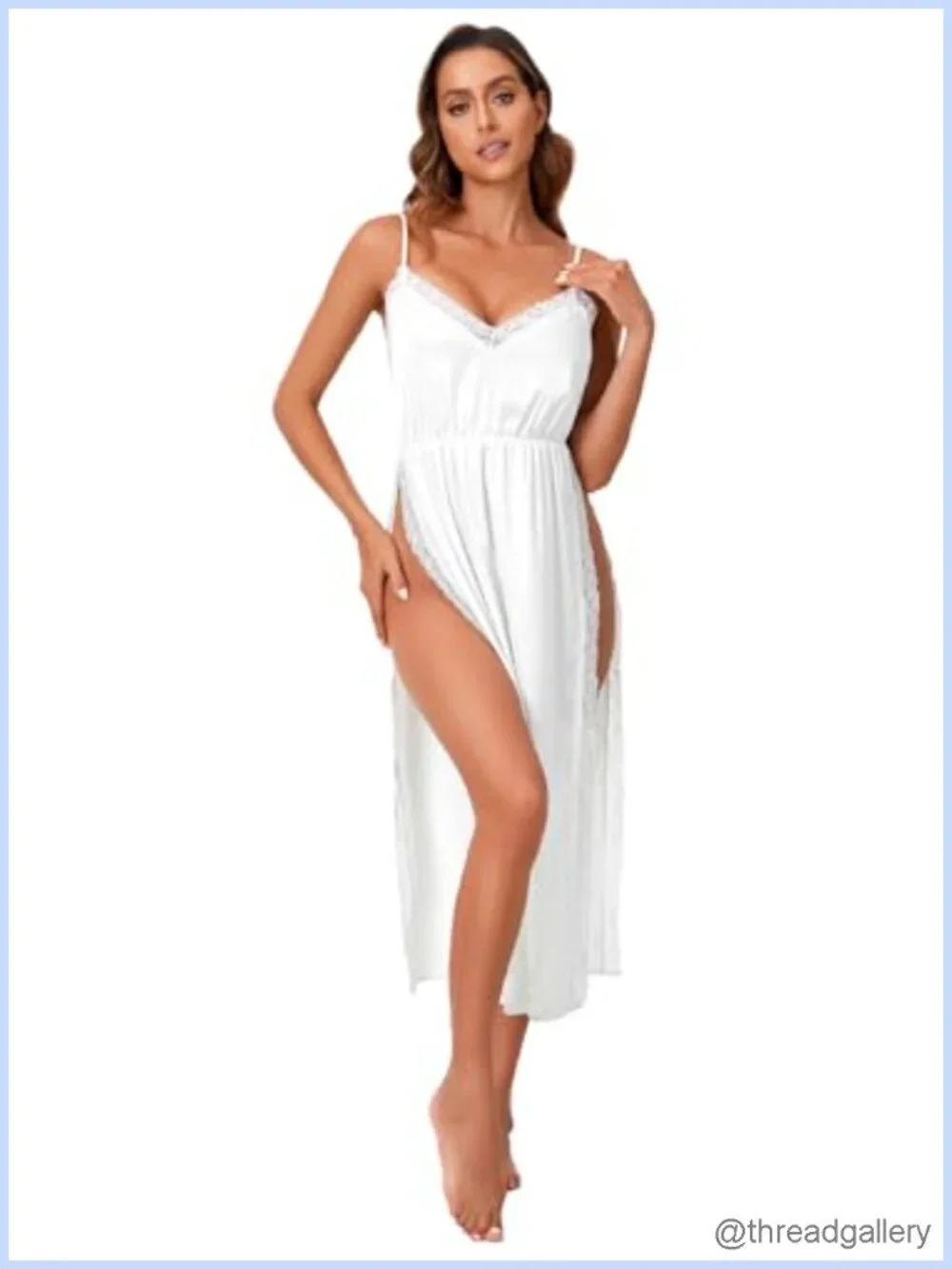 Satin Lace Trim V Neck Spaghetti Strap High Slit Maxi Nightgown Slip Dress